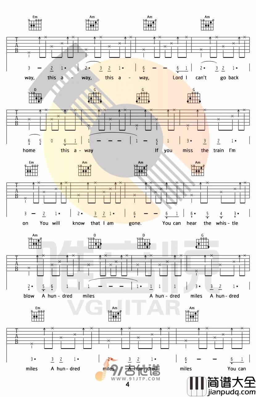 Five_hundred_miles_500miles_吉他谱_G调指法原版编配_民谣吉他弹唱六线谱