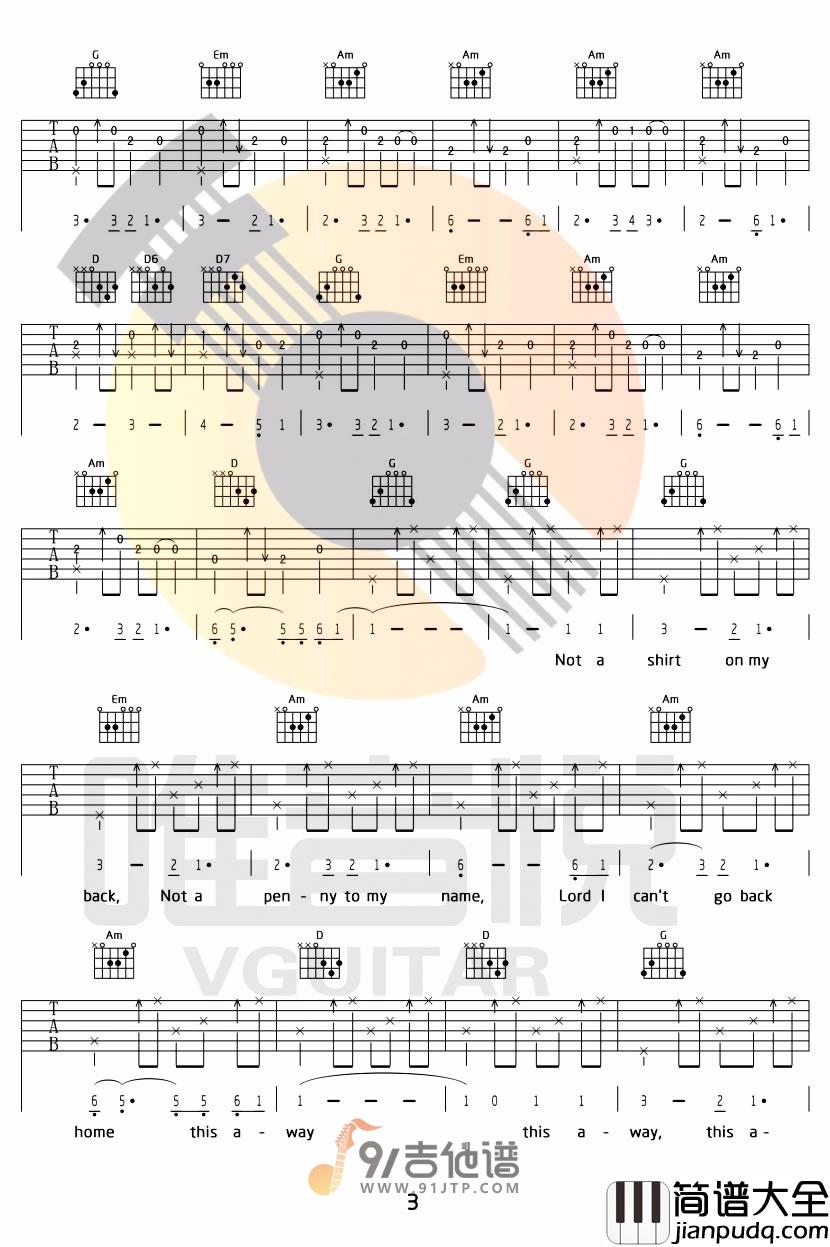 Five_hundred_miles_500miles_吉他谱_G调指法原版编配_民谣吉他弹唱六线谱