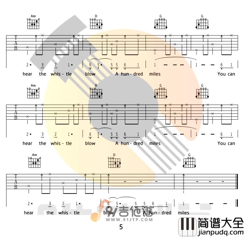 Five_hundred_miles_500miles_吉他谱_G调指法原版编配_民谣吉他弹唱六线谱