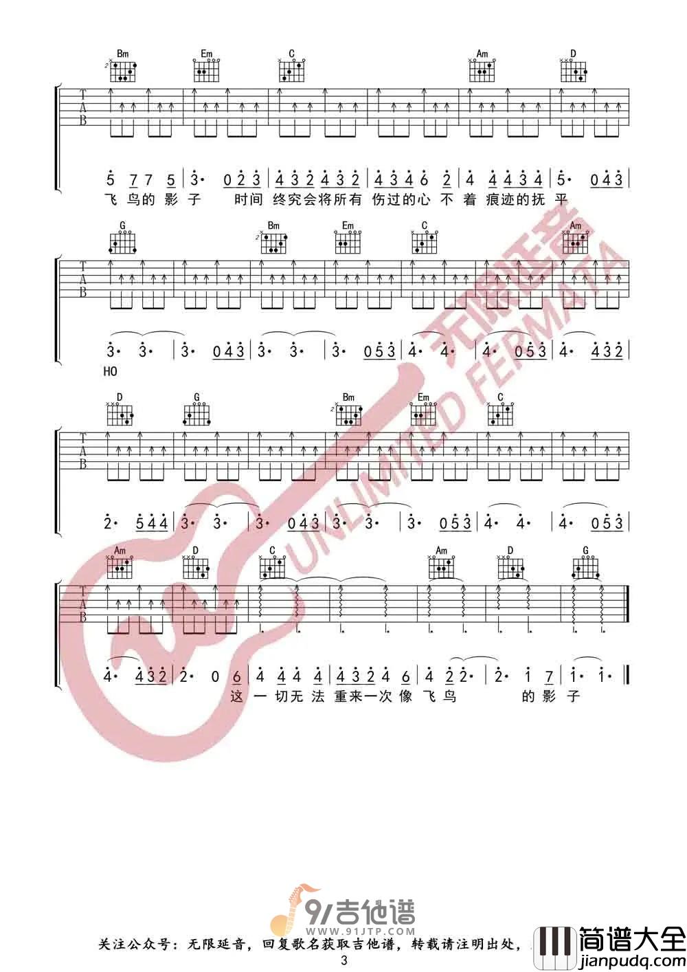 【G调版】好妹妹乐队_飞鸟的影子_吉他谱_原版吉他弹唱六线谱