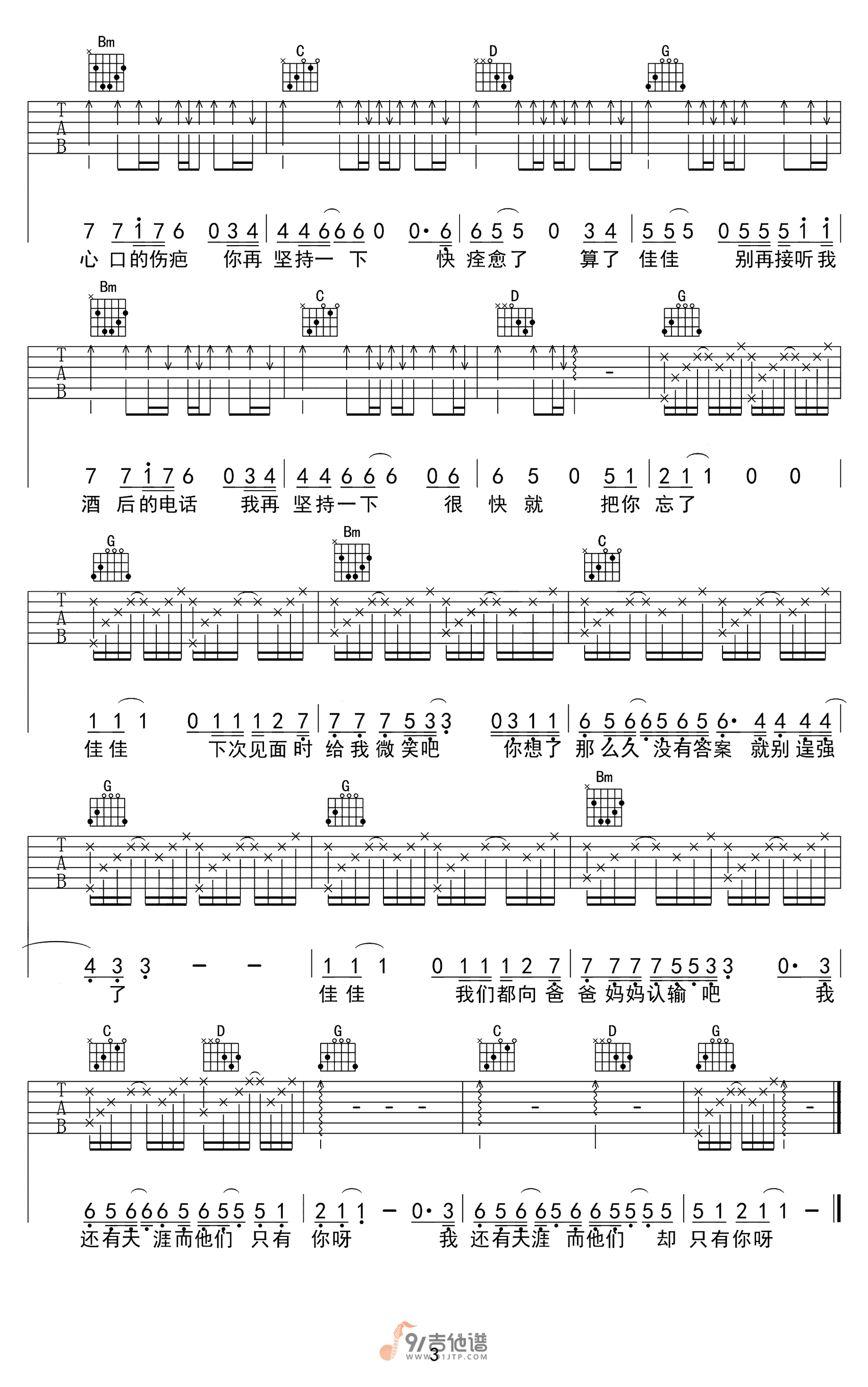 【G调简单版】张晏铭_佳佳_吉他谱_吉他弹唱六线谱