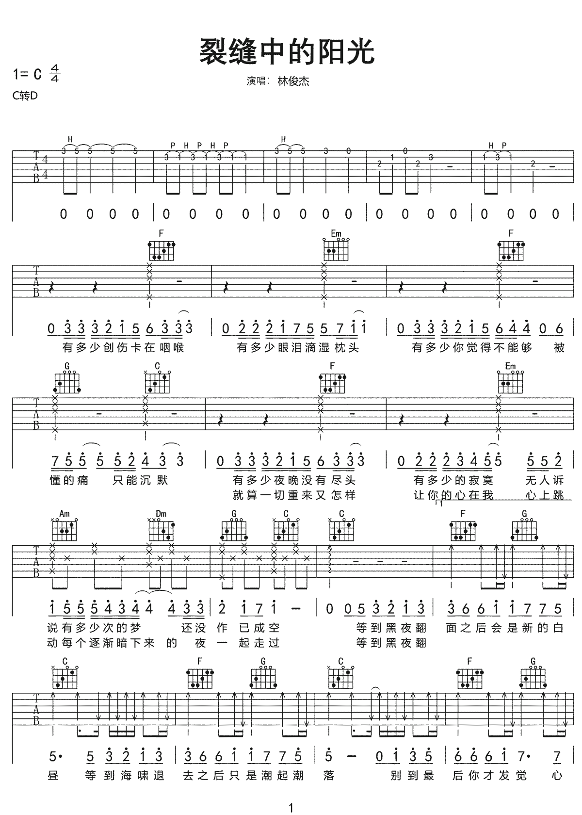 裂缝中的阳光吉他谱1-林俊杰
