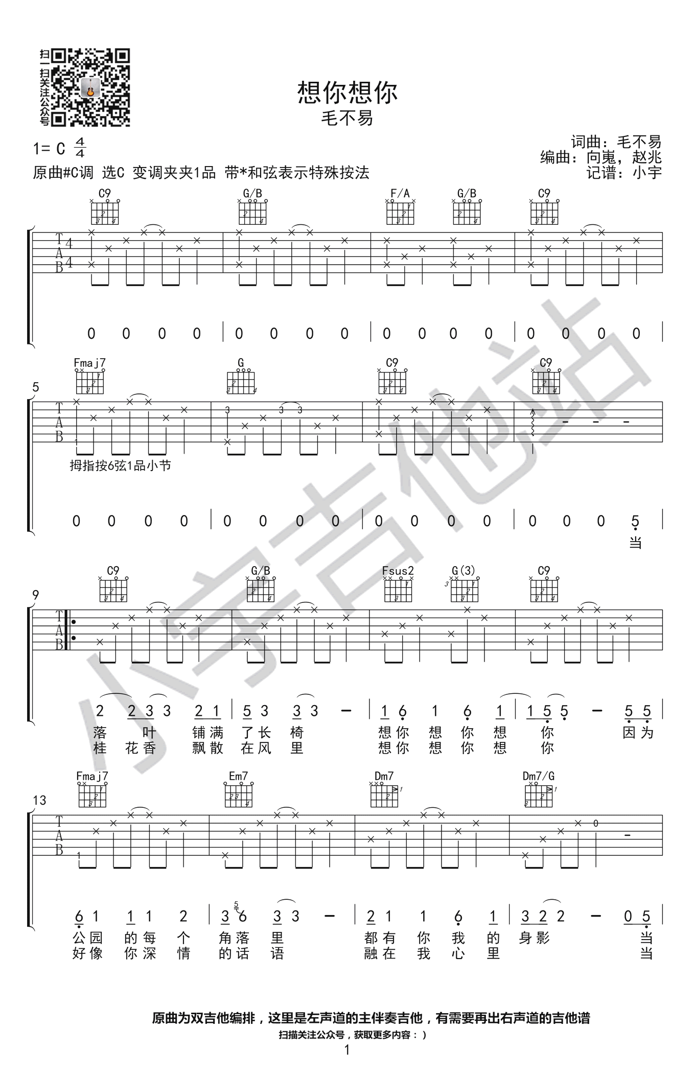 想你想你吉他谱1-毛不易