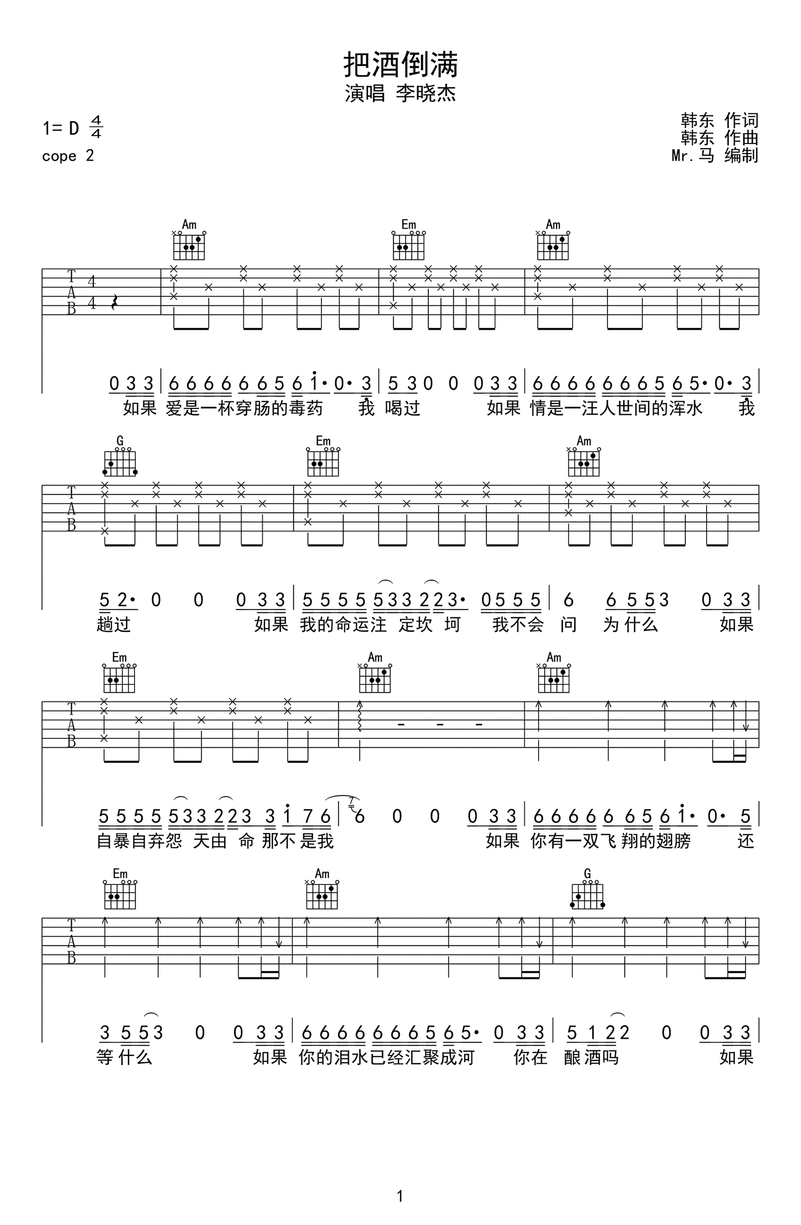 把酒倒满吉他谱1-李晓杰