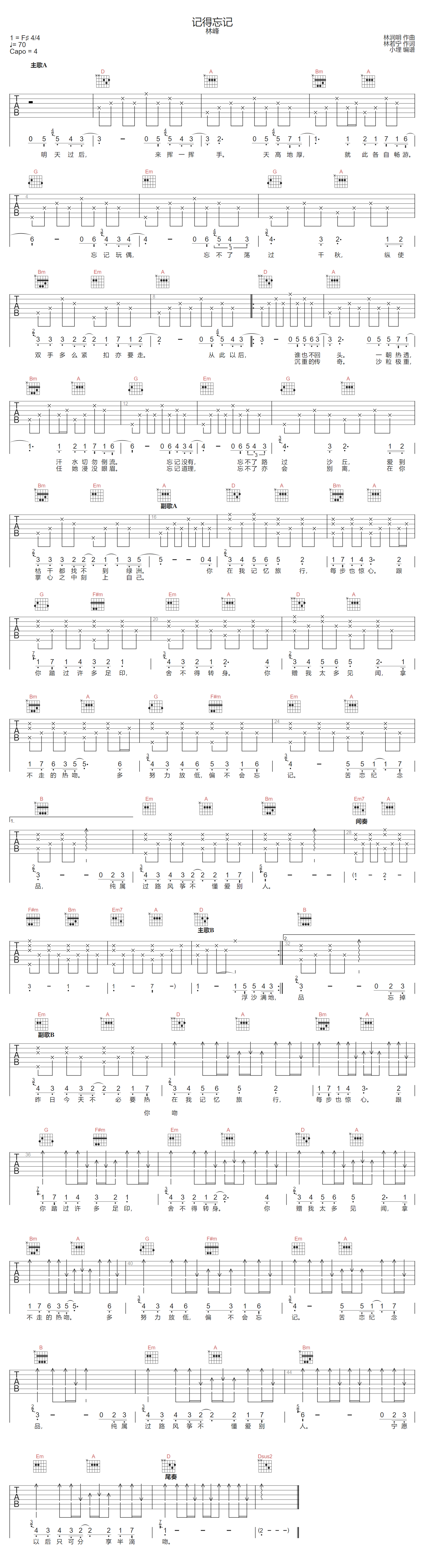 记得忘记吉他谱-林峰