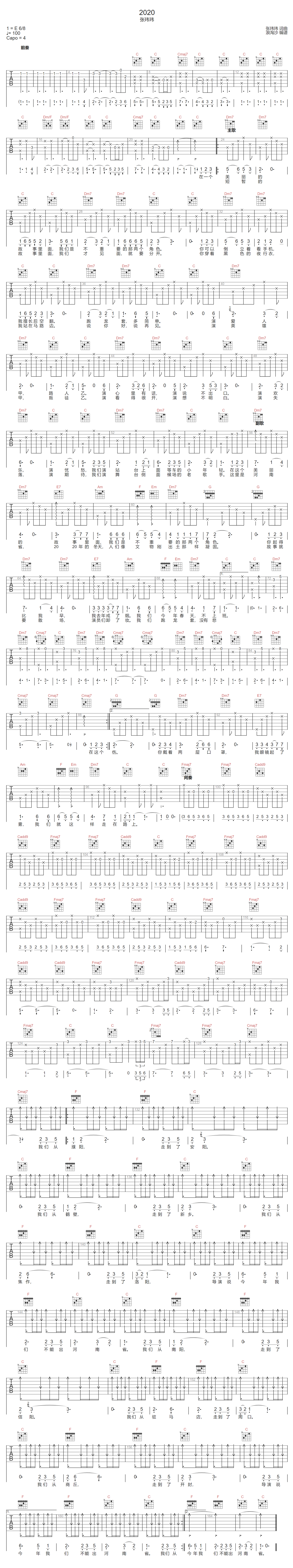 2020吉他谱-张玮玮