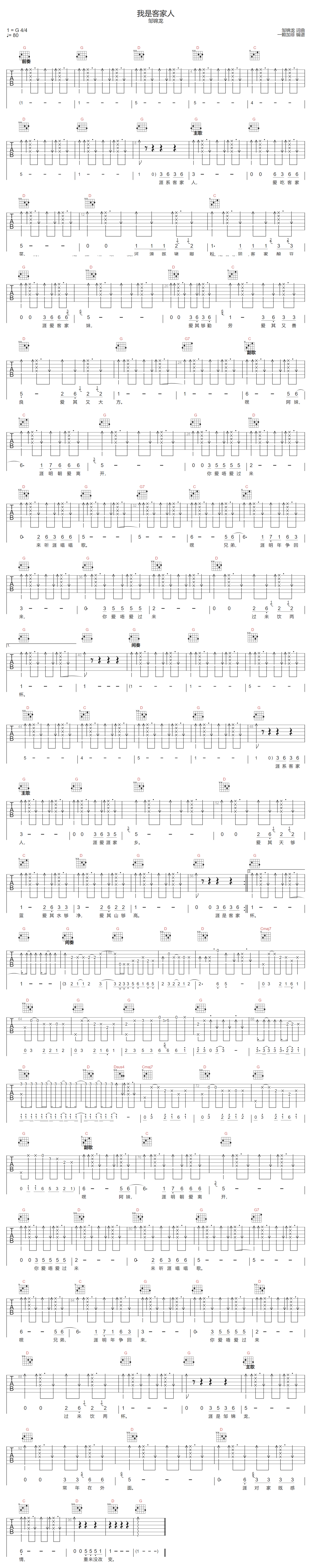 我是客家人吉他谱-邹锦龙