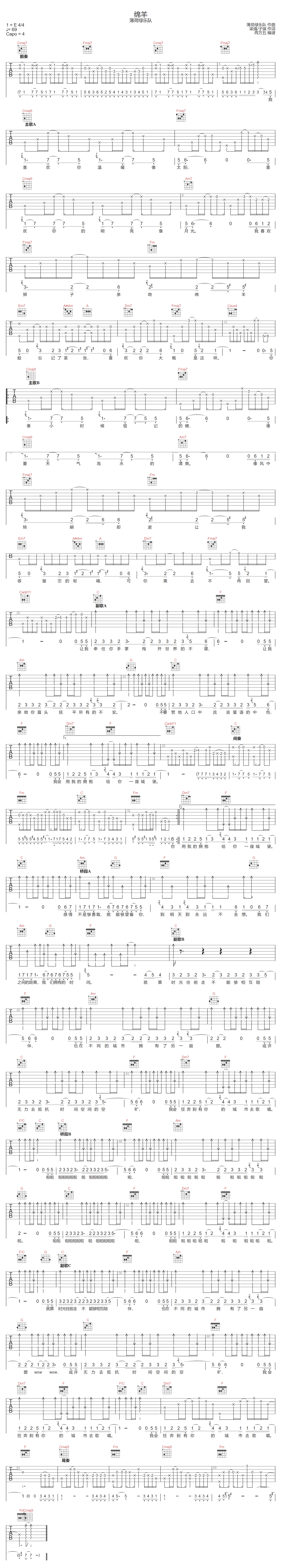 绵羊吉他谱-薄荷绿乐队