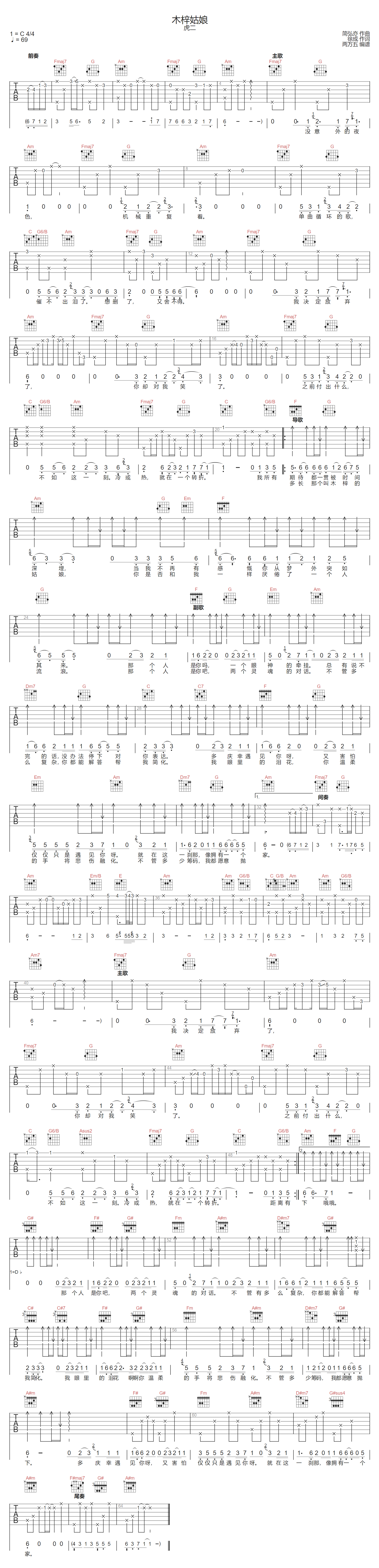 木梓姑娘吉他谱-虎二