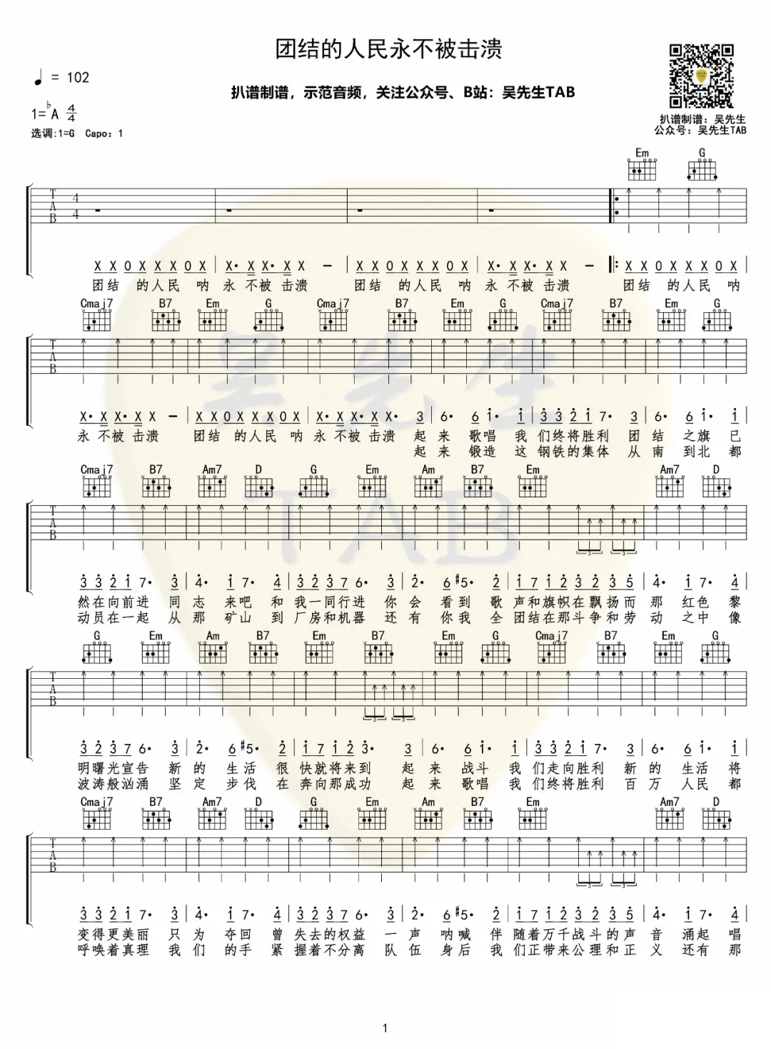 团结的人民永不被击溃吉他谱1