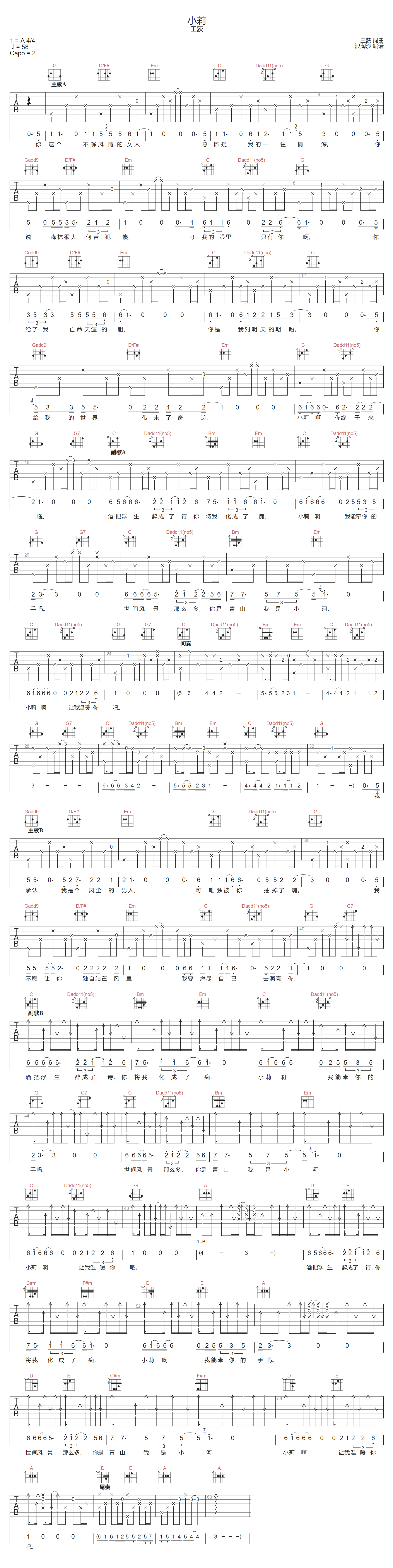 小莉吉他谱-王荻