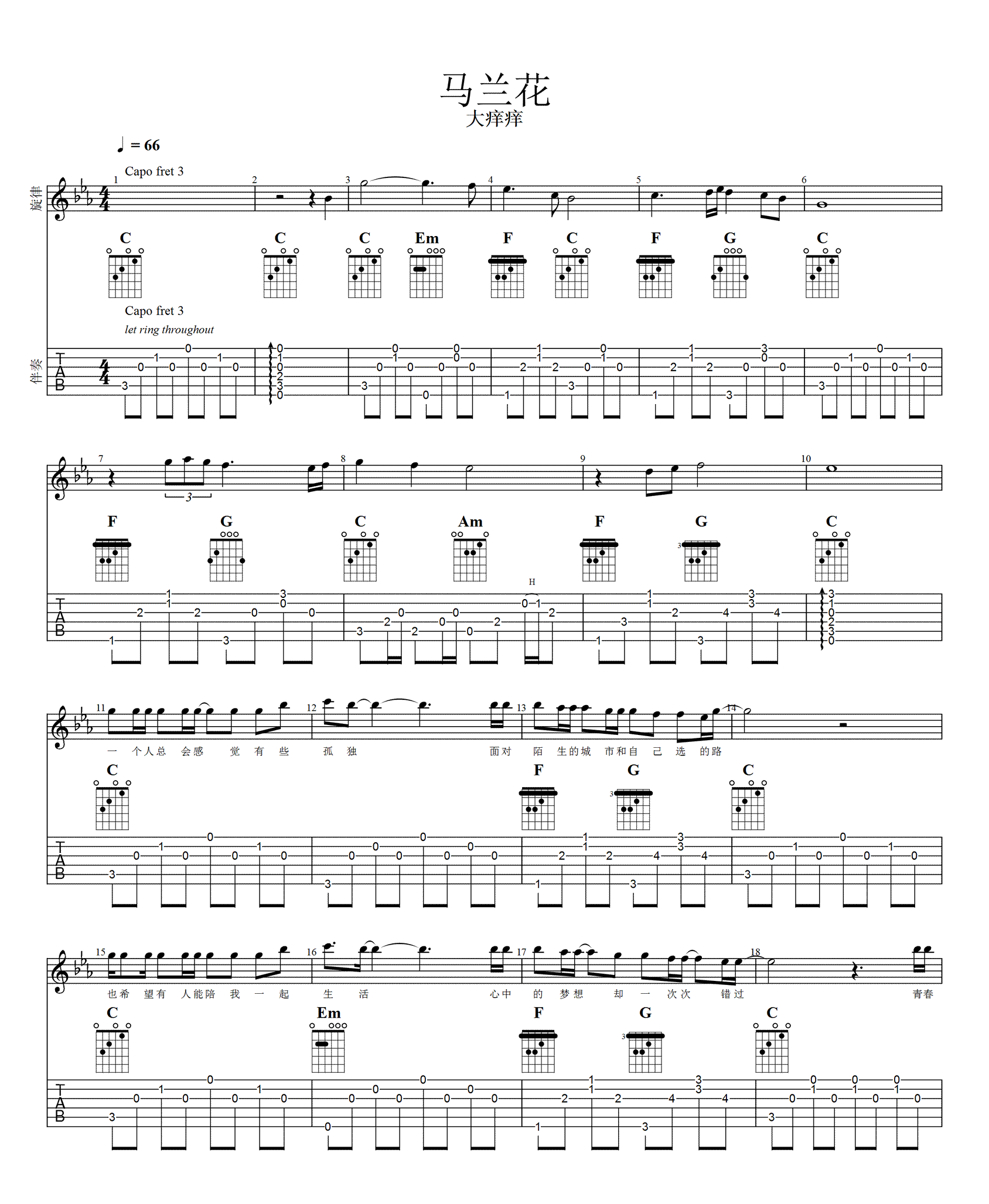 马兰花吉他谱1-大痒痒