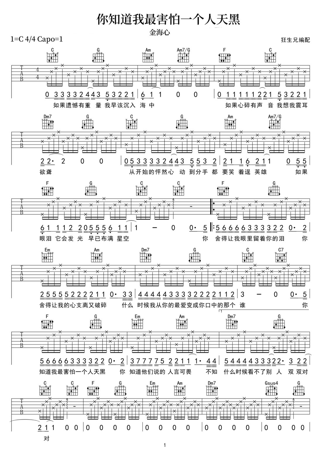 你知道我最害怕一个人天黑吉他谱1-金海心