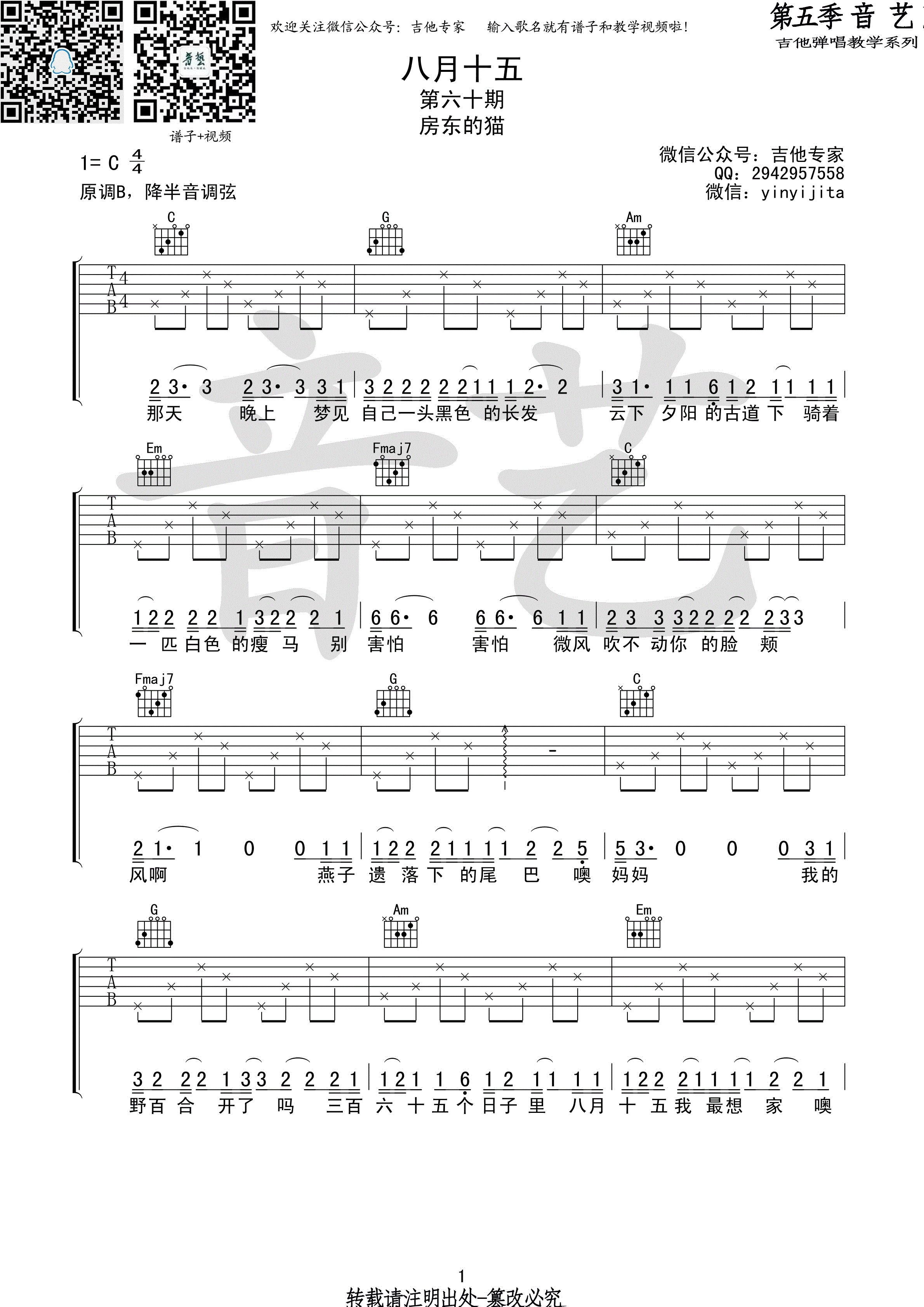 八月十五吉他谱1-房东的猫