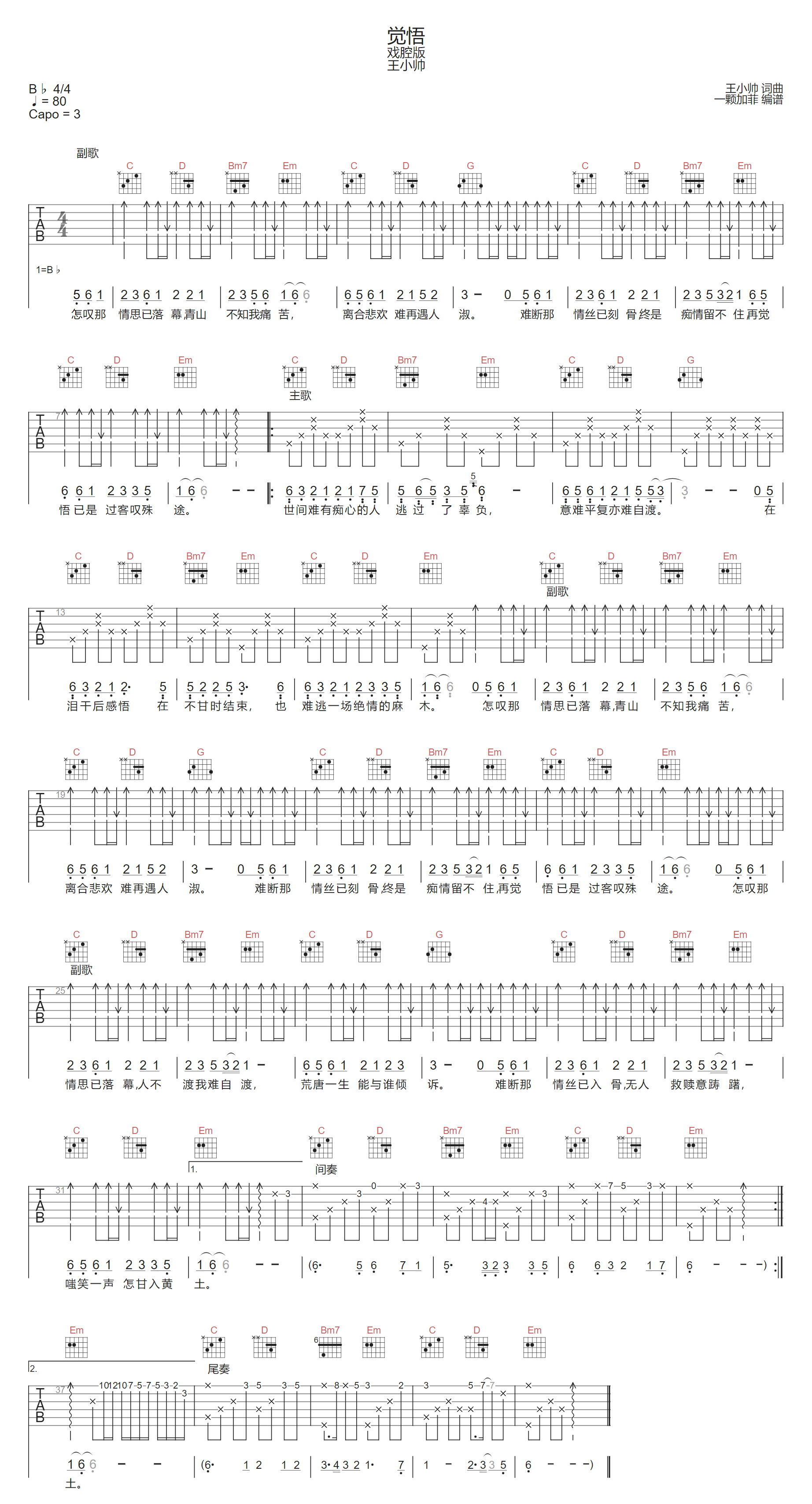 觉悟吉他谱-王小帅