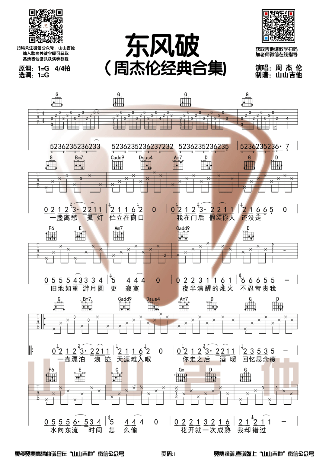 东风破吉他谱预览图