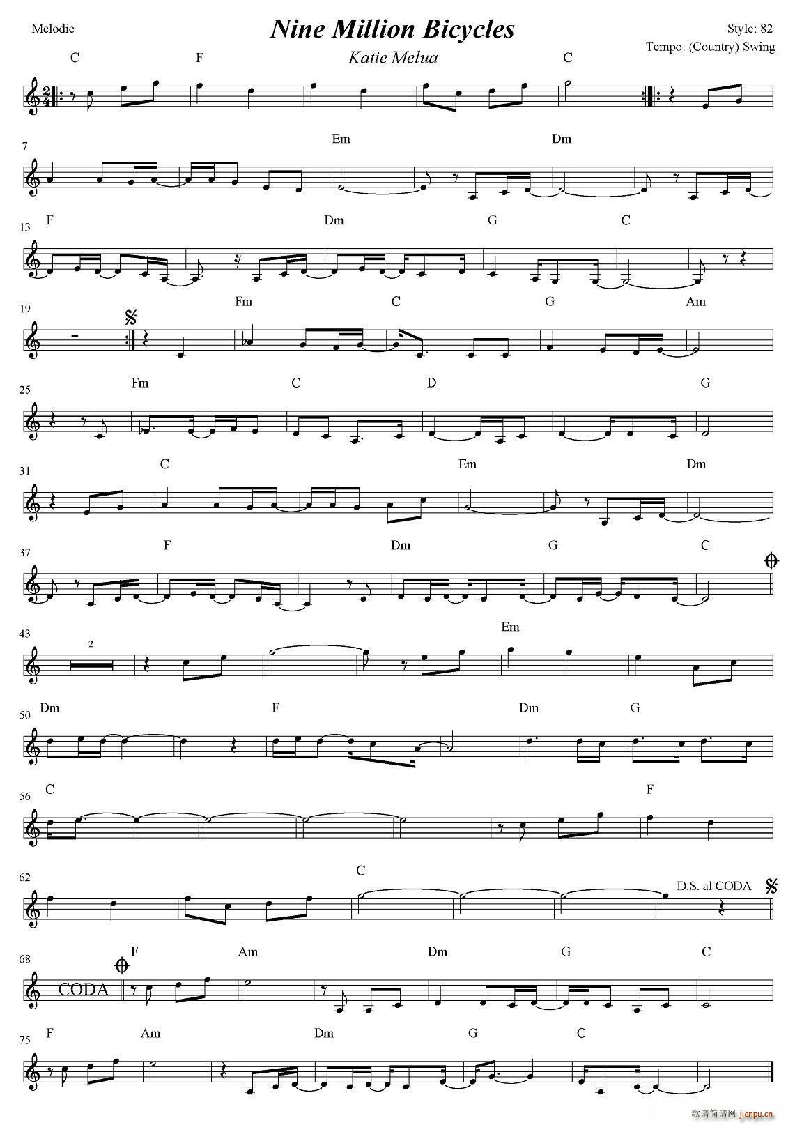 Nine million bicycles(电子琴谱)1
