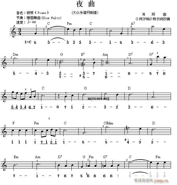 世界名曲双谱式 夜曲 肖邦曲(电子琴谱)1
