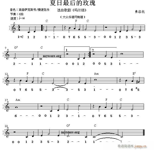 世界名曲双谱式 夏日最后的玫瑰 弗洛托曲(电子琴谱)1