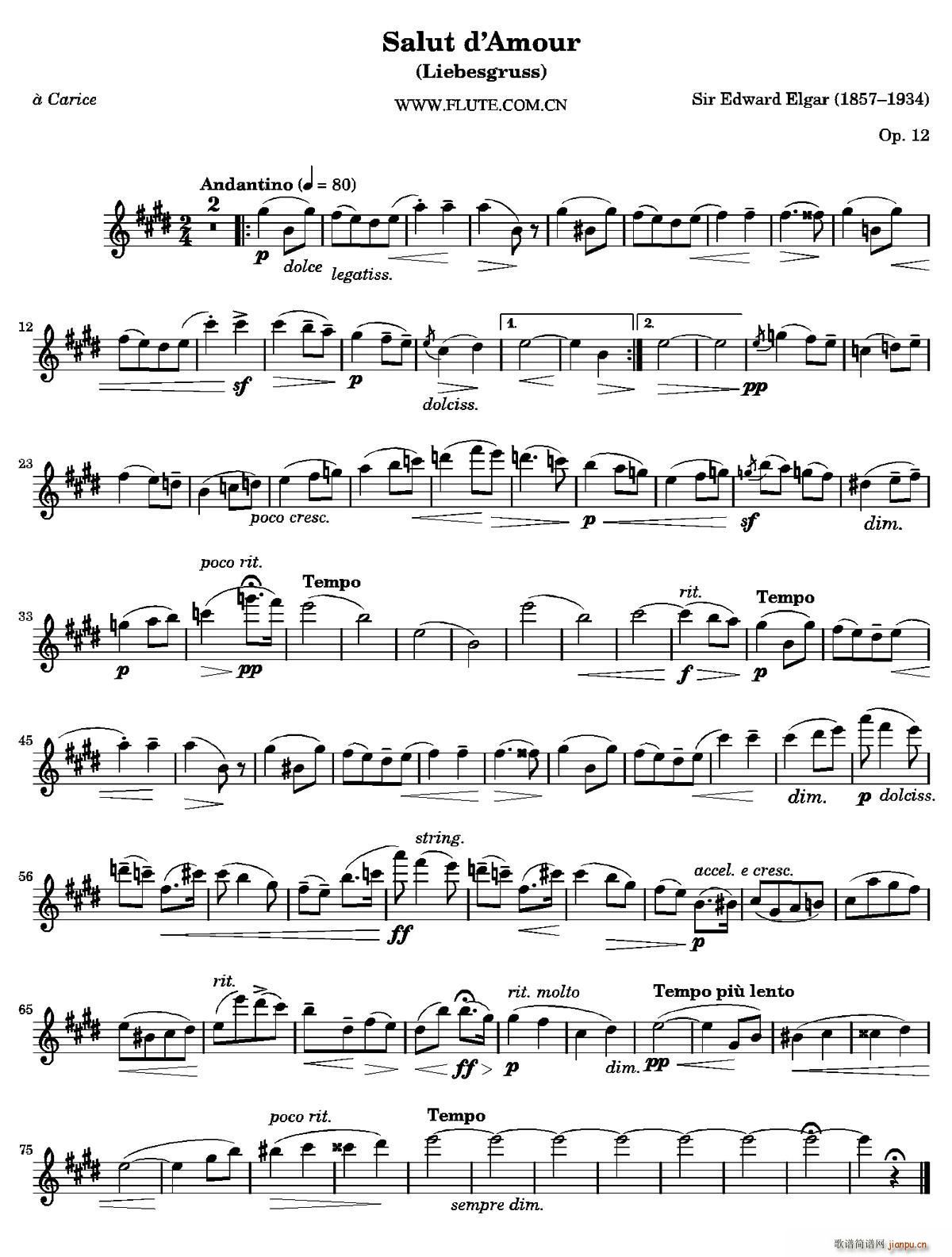 Salut d Amour Op 12 爱的致意(笛箫谱)1