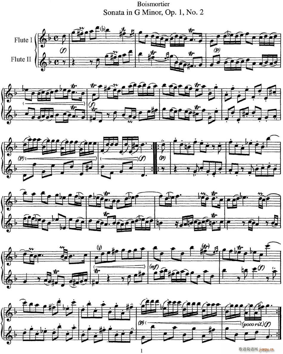 G大调双长笛奏鸣曲作品1号之2 Sonata in G Major Op 1No 2 长笛(笛箫谱)1
