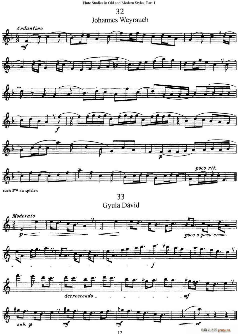 斯勒新老风格长笛练习重奏曲 第一部分 NO 32 NO 35(笛箫谱)1