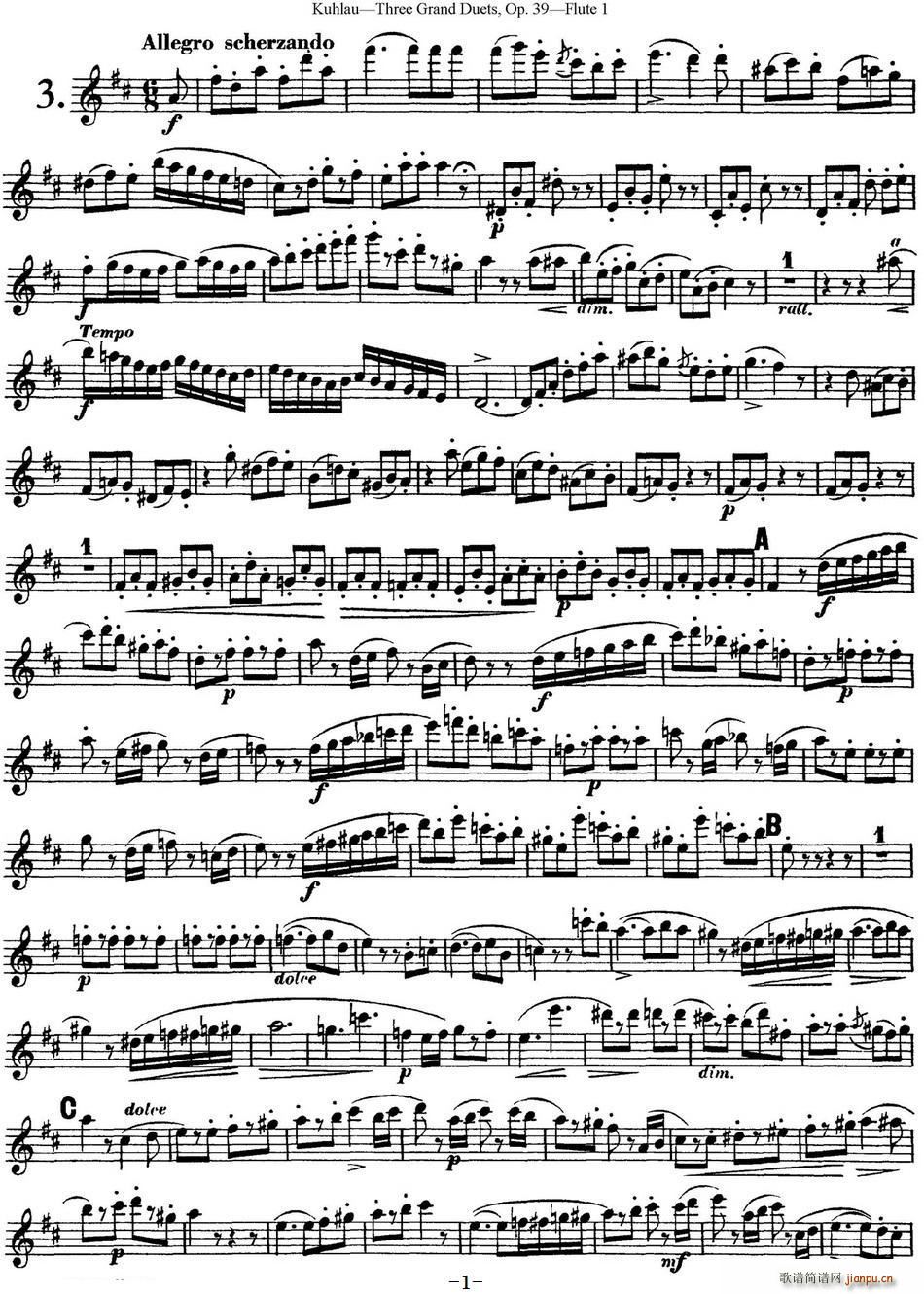 库劳长笛二重奏大练习曲Op 39 Flute 1 No 3(笛箫谱)1