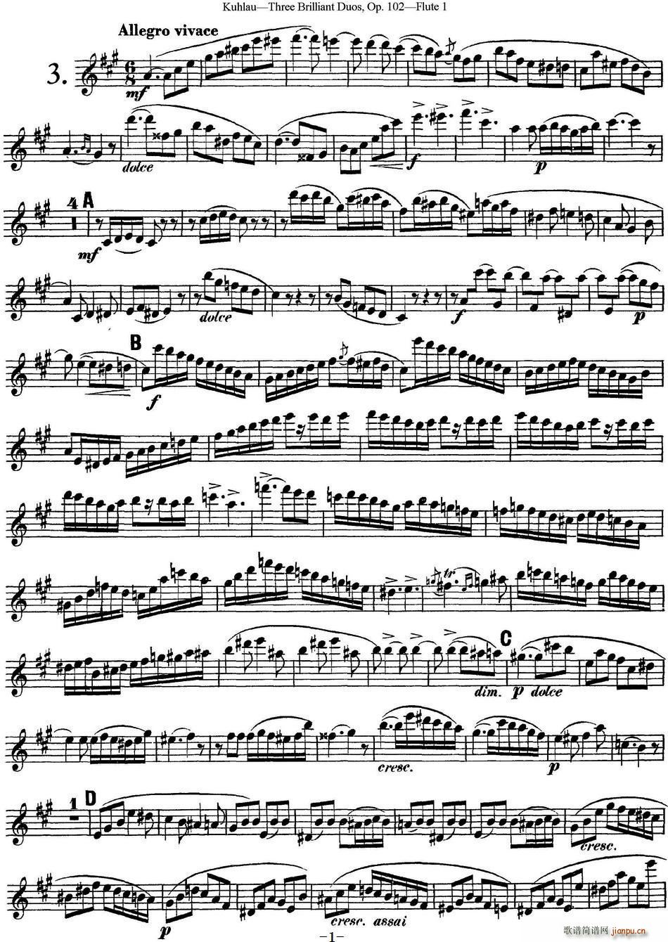 库劳长笛二重奏练习三段OP 102 Flute 1 NO 3(笛箫谱)1