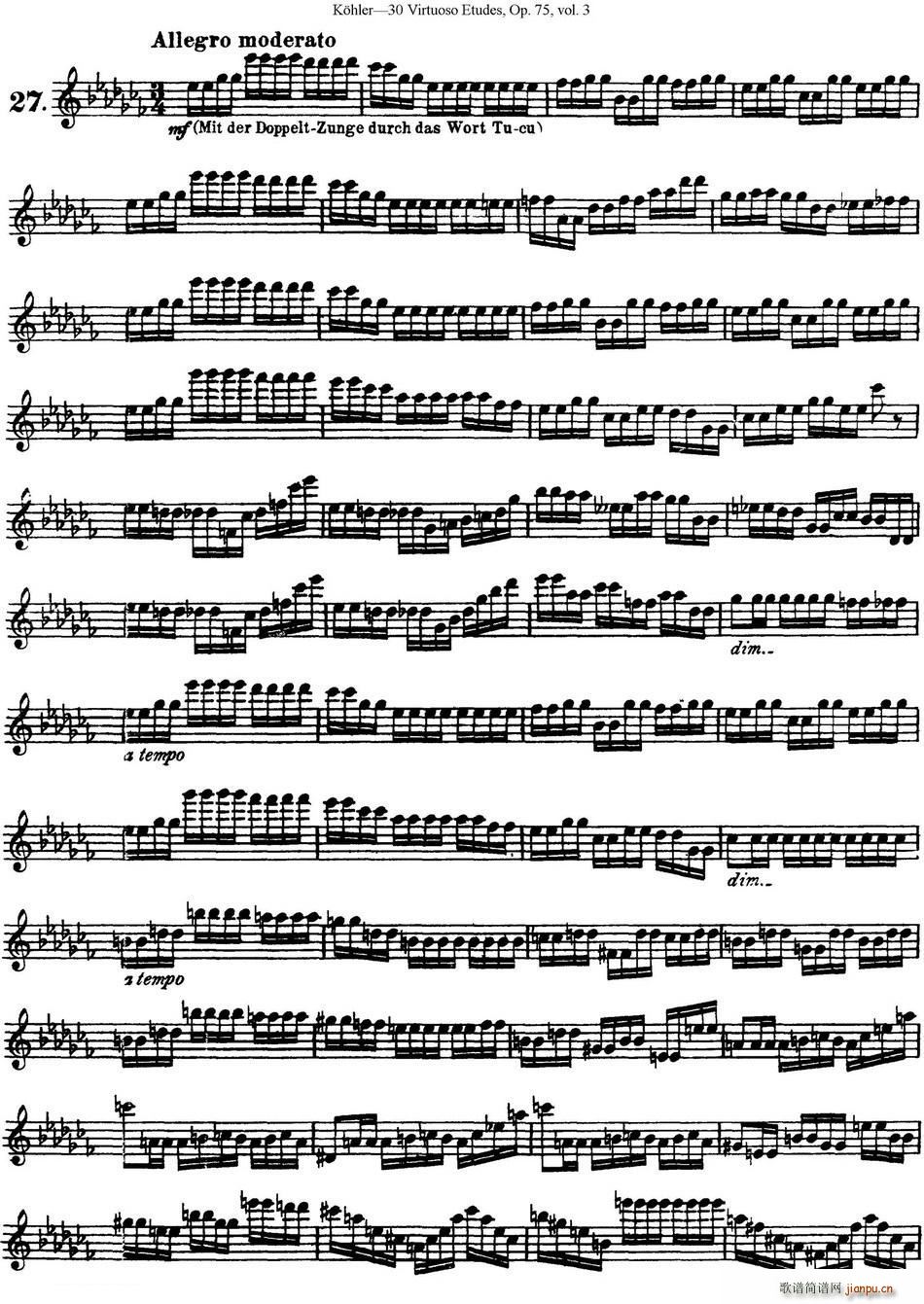 柯勒30首高级长笛练习曲作品75号 NO 27(笛箫谱)1