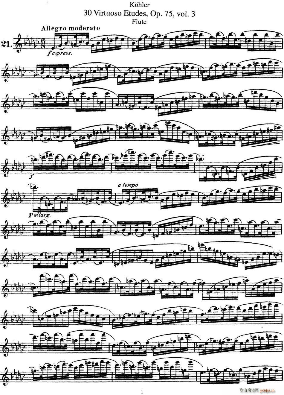 柯勒30首高级长笛练习曲作品75号 NO 21(笛箫谱)1