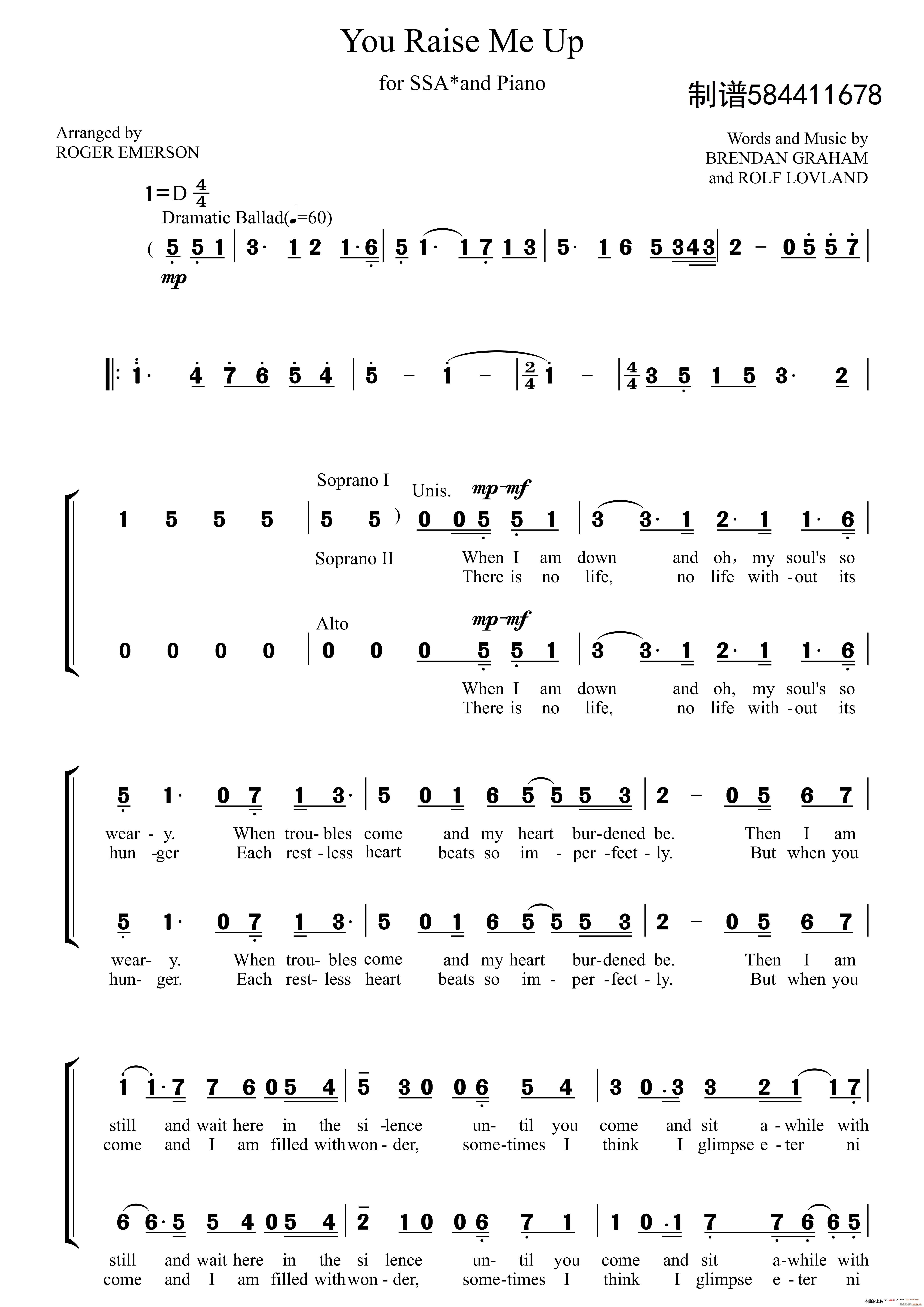 You Raise Me Up合唱谱 女声合唱SSA(合唱谱)1