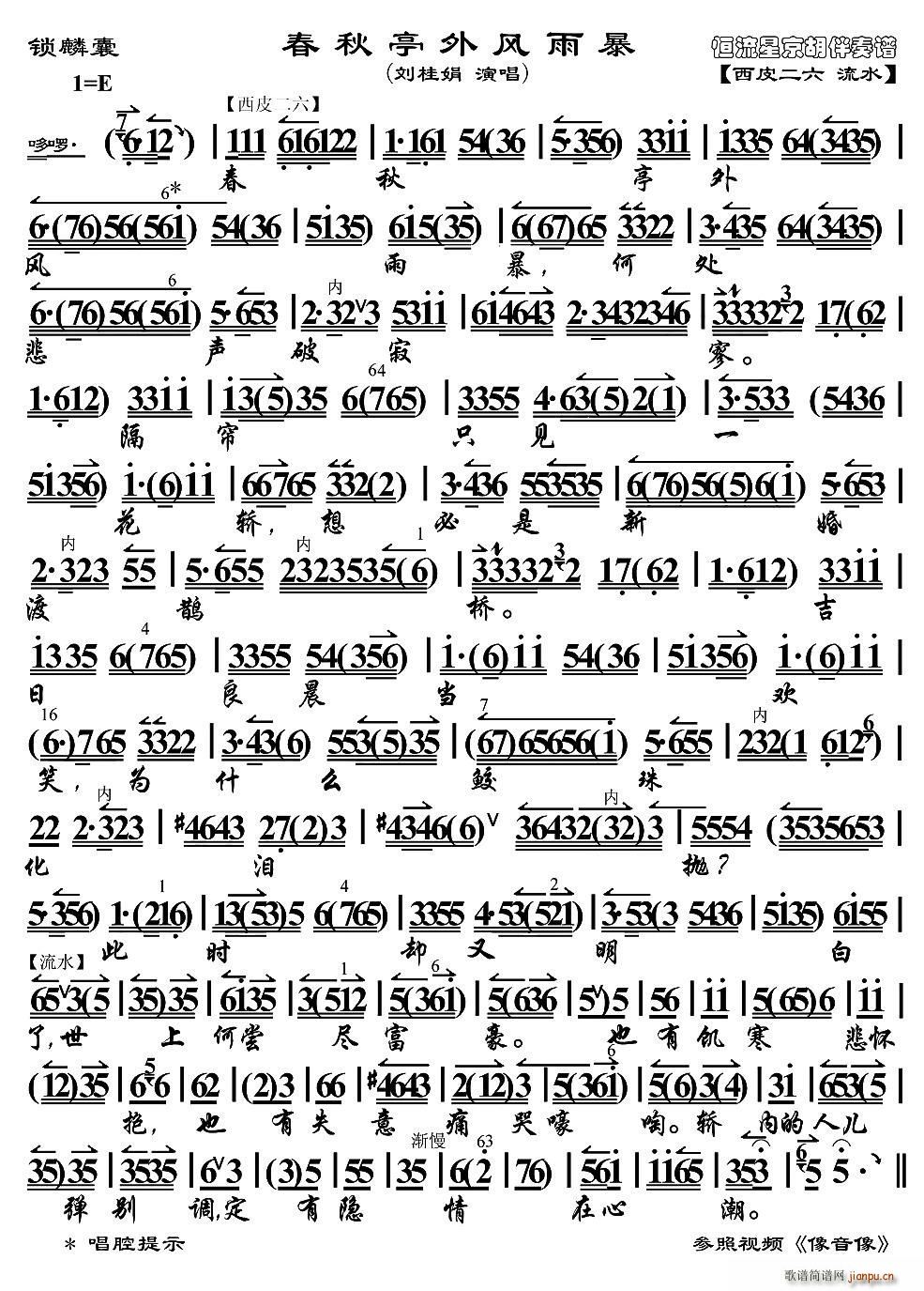 春秋亭外风雨暴 锁麟囊 选段 京胡伴奏谱(京剧曲谱)1